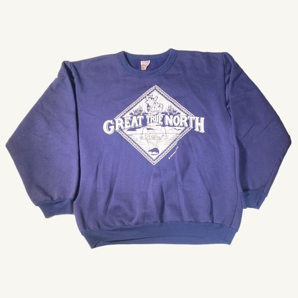 Sweaters - Vintage Great True North Navy Blue & White Graphic Crew Neck Sweater Size Medium